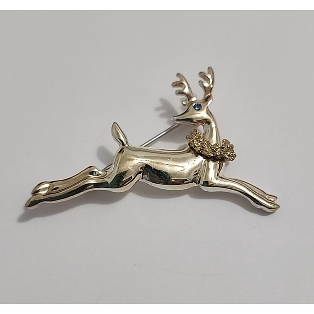 Reindeer Lapel Pin Brooch Silver w Gold Tone Wreath on Neck Blue Rhinestone Eye